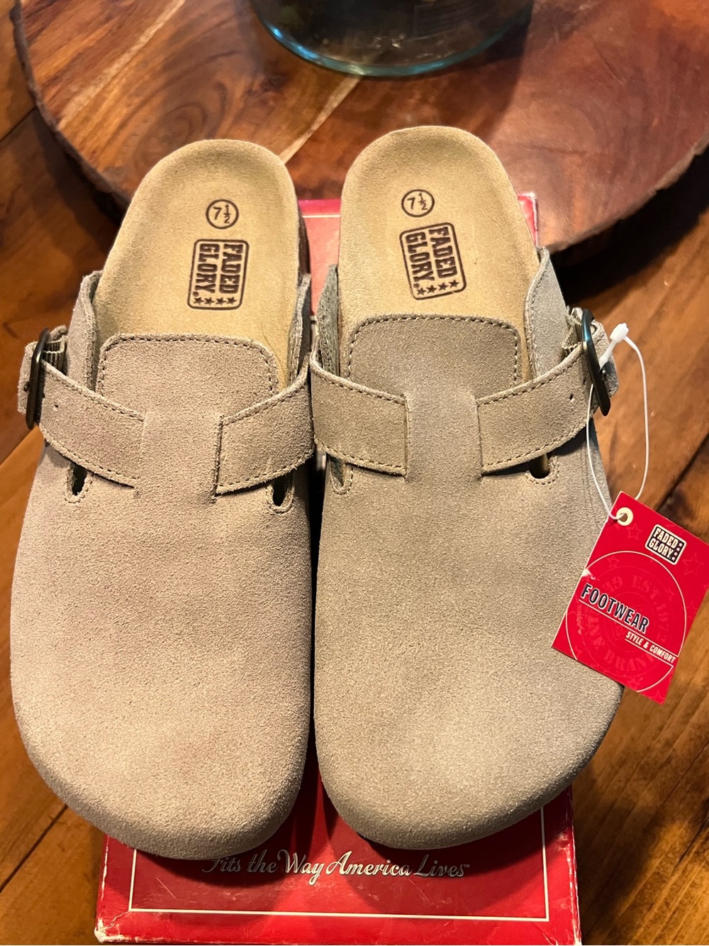 Clogs Faded Glory Taupe Suede Slip-On Clogs with Buckle Accent